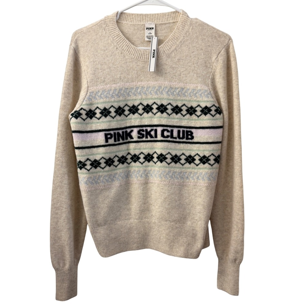 PINK Victoria's Secret Ski Club Graphic Argyle Sweater Oatmeal Medium NWT Cozy